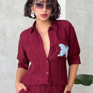 Butterfly Detailed Pleated Shirt - Burgundy - Brand: Topshow - Women & Kids, Baby Clothes Wholesale - TheBS Women