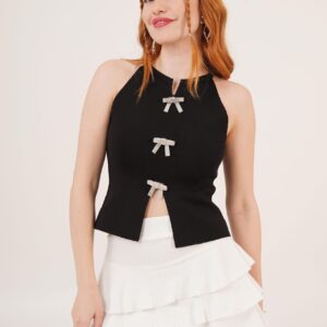 Stone Bow Brooch Detailed Zero Sleeve WholesaleBlouse - Brand: Lustrin - Women & Kids, Baby Clothes Wholesale - TheBS Women