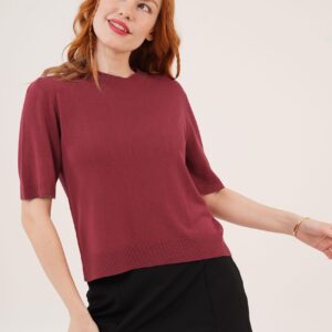 Half Sleeve Round Neck Lycra Wholesale Slim Burgundy Knitwear Blouse - Brand: Lustrin - Women & Kids, Baby Clothes Wholesale - TheBS Women
