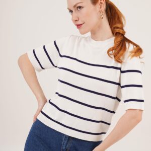 Striped Short SleeveNavy Wholesale Blouse - Brand: Lustrin - Women & Kids, Baby Clothes Wholesale - TheBS Women