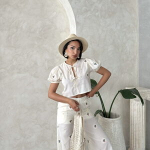 Front Tie Embroidered Blouse - Stone - Brand: Topshow - Women & Kids, Baby Clothes Wholesale - TheBS Women