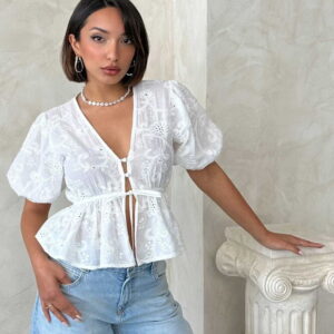 Front Tie Embroidered Voile Blouse - Brand: Topshow - Women & Kids, Baby Clothes Wholesale - TheBS Women