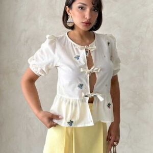 Front Tie Embroidered Blouse - Stone - Brand: Topshow - Women & Kids, Baby Clothes Wholesale - TheBS Women