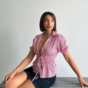 D2812 Front Tie Striped Shirt - Burgundy - Brand: Topshow - Women & Kids, Baby Clothes Wholesale - TheBS Women