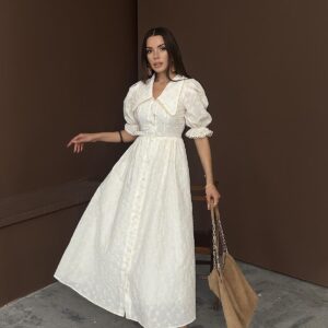 Wholesale Beige Baby Collar Balloon Sleeve Embroidered Dress - Brand: Elisa - Women & Kids, Baby Clothes Wholesale - TheBS Women