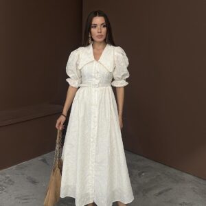 Wholesale Beige Baby Collar Balloon Sleeve Embroidered Dress - Brand: Elisa - Women & Kids, Baby Clothes Wholesale - TheBS Women