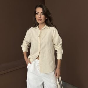 Wholesale Beige Jacquard Linen Shirt - Brand: Elisa - Women & Kids, Baby Clothes Wholesale - TheBS Women