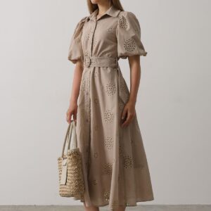 Embroidered Dress With Balloon Sleeve Belt - Brand: Reyon - Women & Kids, Baby Clothes Wholesale - TheBS Women