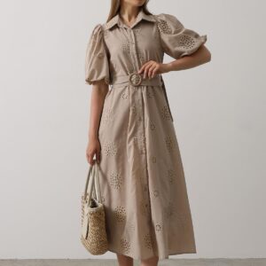 Embroidered Dress With Balloon Sleeve Belt - Brand: Reyon - Women & Kids, Baby Clothes Wholesale - TheBS Women