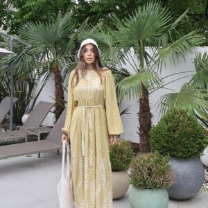 Wholesale Yellow Floral Pattern Waist Belted Dominant Collar Dress - Brand: Elisa - Women & Kids, Baby Clothes Wholesale - TheBS Women