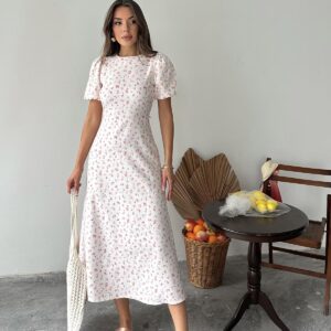 White A-Line Floral Midi Dress With Puff Sleeves - Brand: Elisa - Women & Kids, Baby Clothes Wholesale - TheBS Women