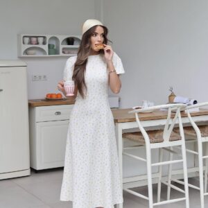 White A-Line Midi Dress With Puff Short Sleeves - Brand: Elisa - Women & Kids, Baby Clothes Wholesale - TheBS Women