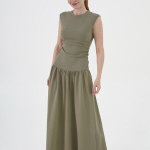 Khaki Fit And Flare Maxi Dress With Cap Sleeves - Brand: Lustrin - Women & Kids, Baby Clothes Wholesale - TheBS Women