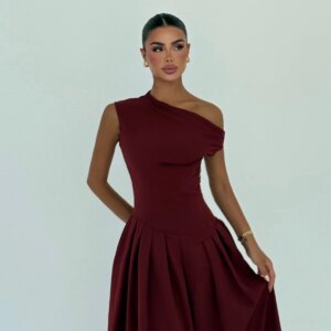 Claret Red Elegant A-Line Dress With One Shoulder Neck - Brand: EYYO ATELIER - Women & Kids, Baby Clothes Wholesale - TheBS Women