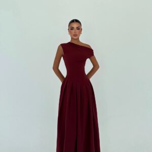 Claret Red Elegant A-Line Dress With One Shoulder Neck - Brand: EYYO ATELIER - Women & Kids, Baby Clothes Wholesale - TheBS Women