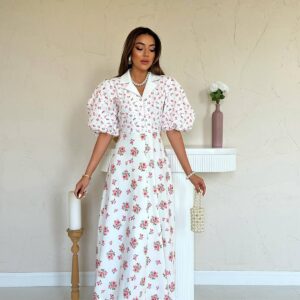 White Elegant A-Line Dress With Floral Pattern - Brand: Elisa - Women & Kids, Baby Clothes Wholesale - TheBS Women