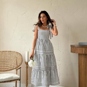 White A-Line Striped Midi Dress With Square Neck - Brand: Elisa - Women & Kids, Baby Clothes Wholesale - TheBS Women