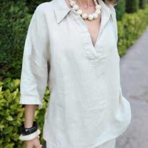 Beige Blouse With Notched Neck And 3/4 Sleeves - Brand: Cream Rouge - Women & Kids, Baby Clothes Wholesale - TheBS Women