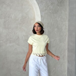 Beige Slim Fit Crop Blouse With Cap Sleeves - Brand: Topshow - Women & Kids, Baby Clothes Wholesale - TheBS Women