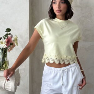 Beige Slim Fit Crop Blouse With Cap Sleeves - Brand: Topshow - Women & Kids, Baby Clothes Wholesale - TheBS Women