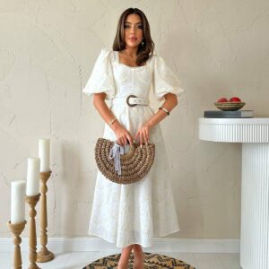 Chest Cup Detailed Belt Embroidered Dress - Ecru - Brand: Elisa - Women & Kids, Baby Clothes Wholesale - TheBS Women