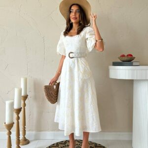 Chest Cup Detailed Belt Embroidered Dress - Ecru - Brand: Elisa - Women & Kids, Baby Clothes Wholesale - TheBS Women