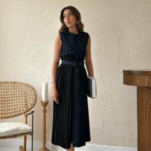 Pleated Garnished Denim Dress - Navy - Brand: Elisa - Women & Kids, Baby Clothes Wholesale - TheBS Women