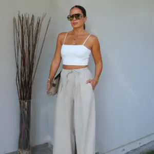 Beige Wide Leg Palazzo Pants With Drawstring - Brand: Cream Rouge - Women & Kids, Baby Clothes Wholesale - TheBS Women