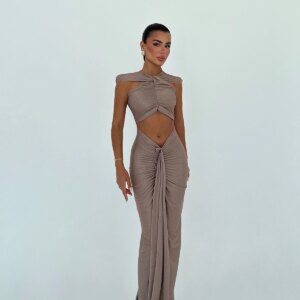 Sexy Elegant Beige Cut-Out Floor Length Dress - Brand: EYYO ATELIER - Women & Kids, Baby Clothes Wholesale - TheBS Women