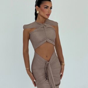 Sexy Elegant Beige Cut-Out Floor Length Dress - Brand: EYYO ATELIER - Women & Kids, Baby Clothes Wholesale - TheBS Women