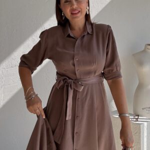 Brown Elegant Shirt Dress With Shawl Collar - Midi - Brand: Cream Rouge - Women & Kids, Baby Clothes Wholesale - TheBS Women