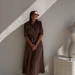 Brown Elegant Shirt Dress With Shawl Collar - Midi - Brand: Cream Rouge - Women & Kids, Baby Clothes Wholesale - TheBS Women