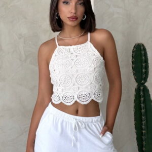 White Blouse Slim Fit Halter Neck Crop Casual - Brand: Topshow - Women & Kids, Baby Clothes Wholesale - TheBS Women