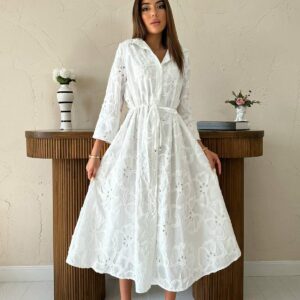 White Floral Midi Shirt Dress With Notched Neck - Brand: Elisa - Women & Kids, Baby Clothes Wholesale - TheBS Women