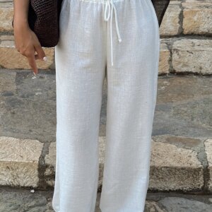 White Palazzo Pants With Drawstring Waist - Brand: EYYO ATELIER - Women & Kids, Baby Clothes Wholesale - TheBS Women
