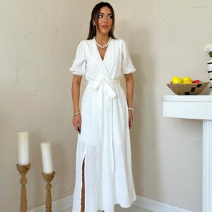 Elegant Wrap Dress With Puff Half Sleeves - Brand: Elisa - Women & Kids, Baby Clothes Wholesale - TheBS Women