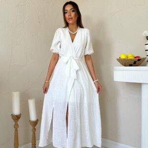 Elegant Wrap Dress With Puff Half Sleeves - Brand: Elisa - Women & Kids, Baby Clothes Wholesale - TheBS Women