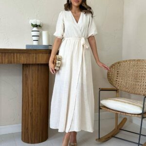 Ecru Elegant Wrap Midi Dress With Puff Half Sleeves - Brand: Elisa - Women & Kids, Baby Clothes Wholesale - TheBS Women