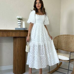 Elegant White A-Line Midi Dress With Puff Half Sleeves - Brand: Elisa - Women & Kids, Baby Clothes Wholesale - TheBS Women