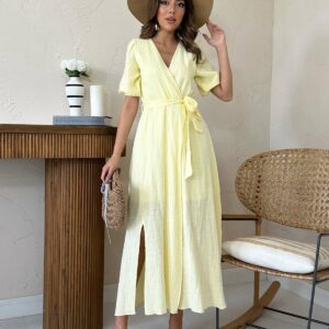 Wrap Maxi Dress With Puff Half Sleeves - Brand: Elisa - Women & Kids, Baby Clothes Wholesale - TheBS Women