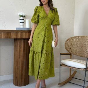 Fit And Flare Midi Dress With Puff Half Sleeves - Brand: Elisa - Women & Kids, Baby Clothes Wholesale - TheBS Women