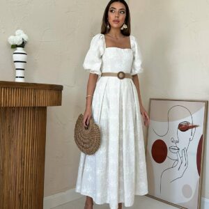 White A-Line Midi Dress With Floral Puff Sleeves - Brand: Elisa - Women & Kids, Baby Clothes Wholesale - TheBS Women