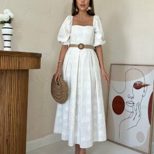 White A-Line Midi Dress With Floral Puff Sleeves - Brand: Elisa - Women & Kids, Baby Clothes Wholesale - TheBS Women