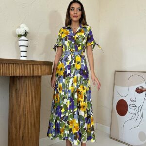 Yellow Floral Shirt Dress With Ruffle Sleeves - Brand: Elisa - Women & Kids, Baby Clothes Wholesale - TheBS Women