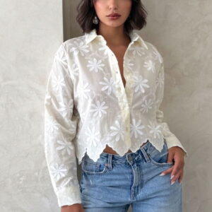 White Floral V-Neck Crop Shirt - Brand: Topshow - Women & Kids, Baby Clothes Wholesale - TheBS Women