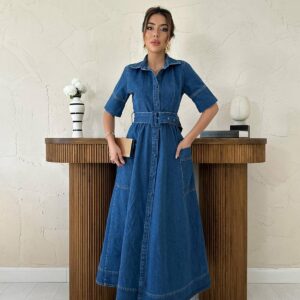 Blue Elegant Shirt Dress With Notched Neck - Brand: Elisa - Women & Kids, Baby Clothes Wholesale - TheBS Women
