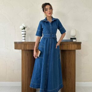 Blue Elegant Shirt Dress With Notched Neck - Brand: Elisa - Women & Kids, Baby Clothes Wholesale - TheBS Women