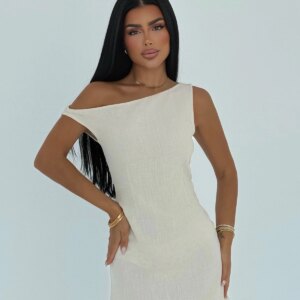 Beige One Shoulder Neck Bodycon Mini Dress - Brand: EYYO ATELIER - Women & Kids, Baby Clothes Wholesale - TheBS Women