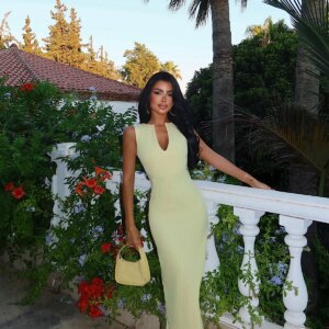 Elegant Beige Sheath Dress With Plunging Neck - Brand: EYYO ATELIER - Women & Kids, Baby Clothes Wholesale - TheBS Women