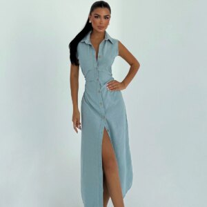 Sleeveless Maxi Shirt Dress With Notched Neck - Brand: EYYO ATELIER - Women & Kids, Baby Clothes Wholesale - TheBS Women